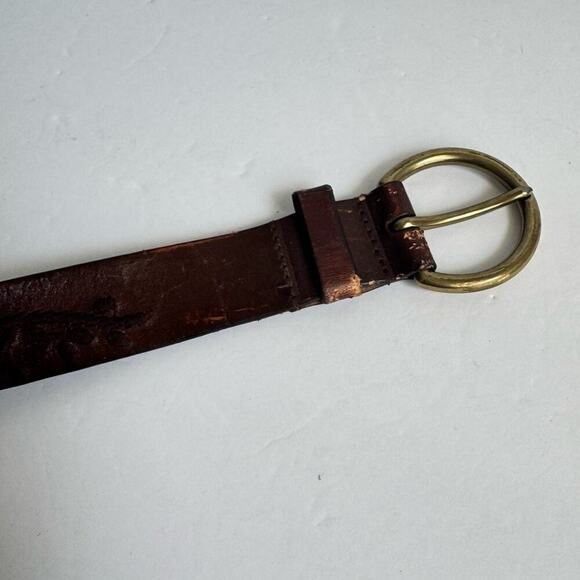 Vintage Brown Leather Belt Boho Embroidered Detail Gold Brass Tone Buckle Y2K - Picture 4 of 10
